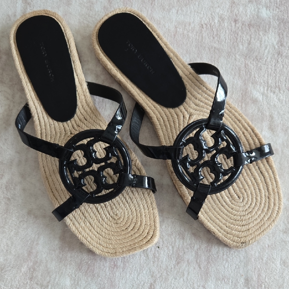 Tory Burch Black Patent Miller Espadrille-Style Slide Sandals